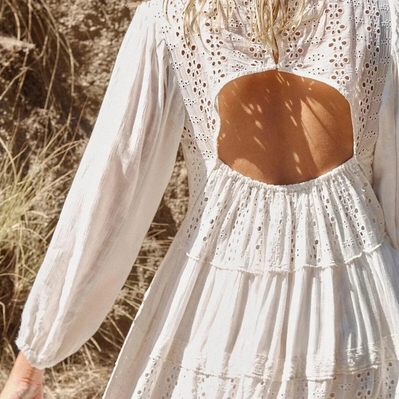Free People Mockingbird Eyelet Puff Sleeve Open Back Maxi Dress XS B1533 - Picture 2 of 6